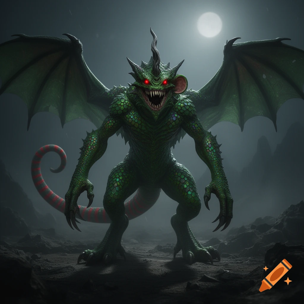 A large, green, scaly monster with glowing red eyes, sharp teeth, wings, and a red-striped curly tail stands on rocky ground under a full moon.