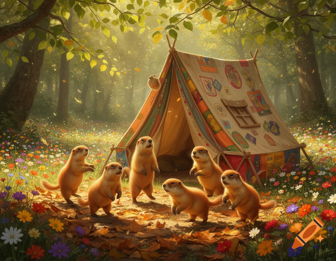Six cute marmots stand excitedly in a vibrant, flower-filled forest clearing in front of a colorful scout-style tent.