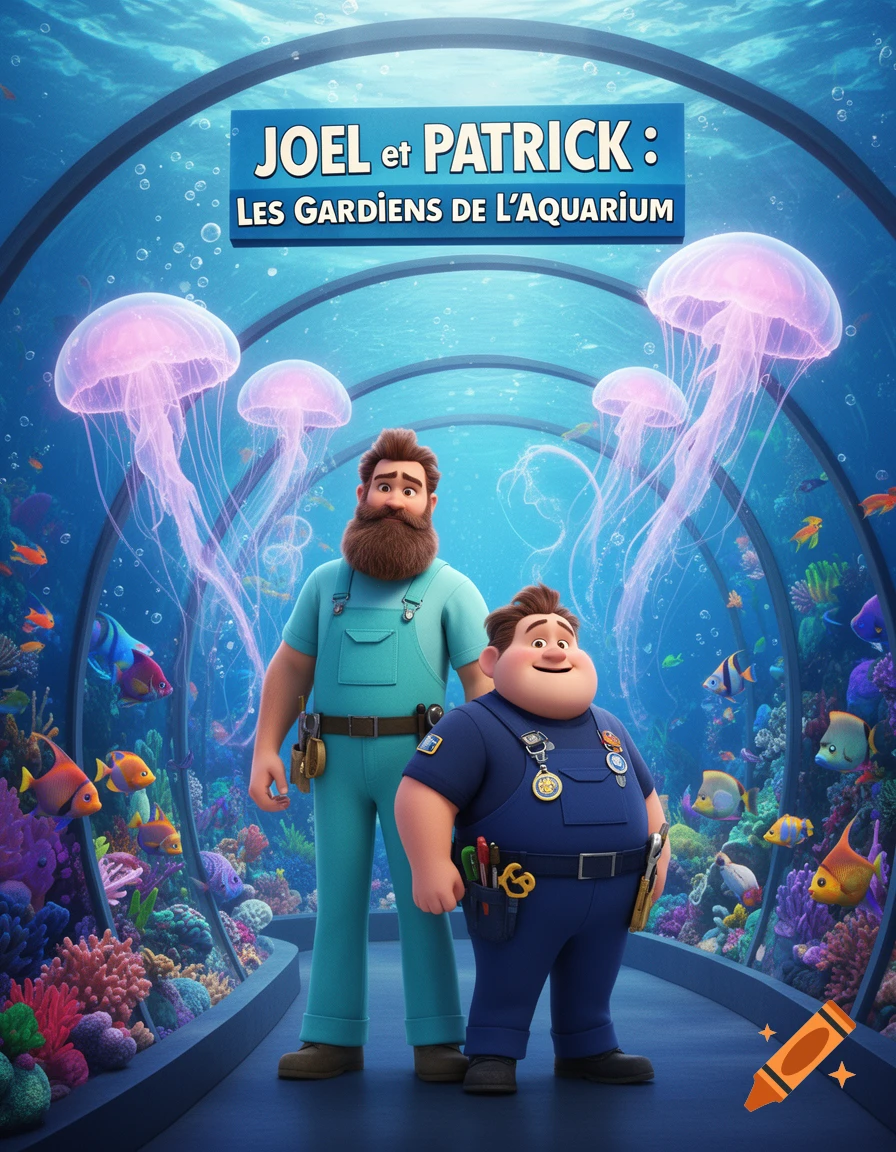 Cartoon movie poster of a tall bearded man and a stout man in uniform standing in an underwater aquarium tunnel with fish and jellyfish.