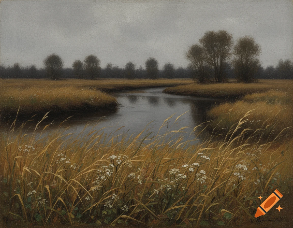 Oil painting of a calm river winding through golden grasslands under an overcast sky, with distant trees and wildflowers.