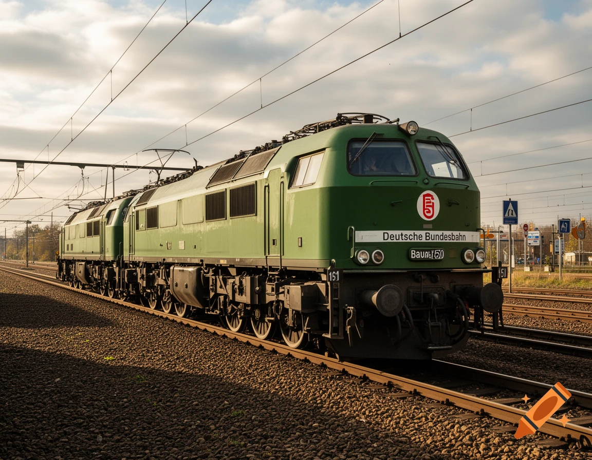 A photorealistic image of a green German Bundesbahn Baureihe 150 locomotive on tracks under a partially cloudy sky.