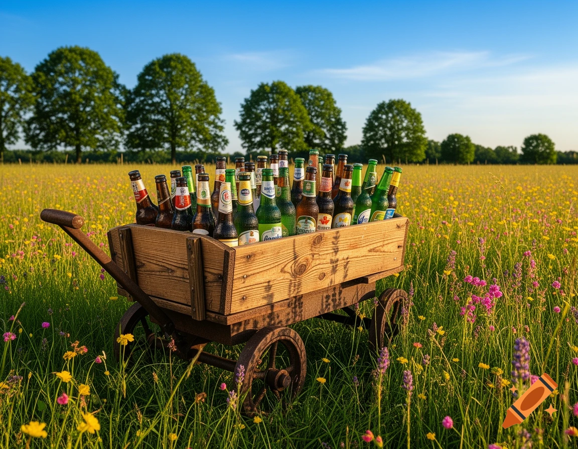 A wooden cart filled with various beer bottles sits in a sunny meadow filled with yellow and pink wildflowers.