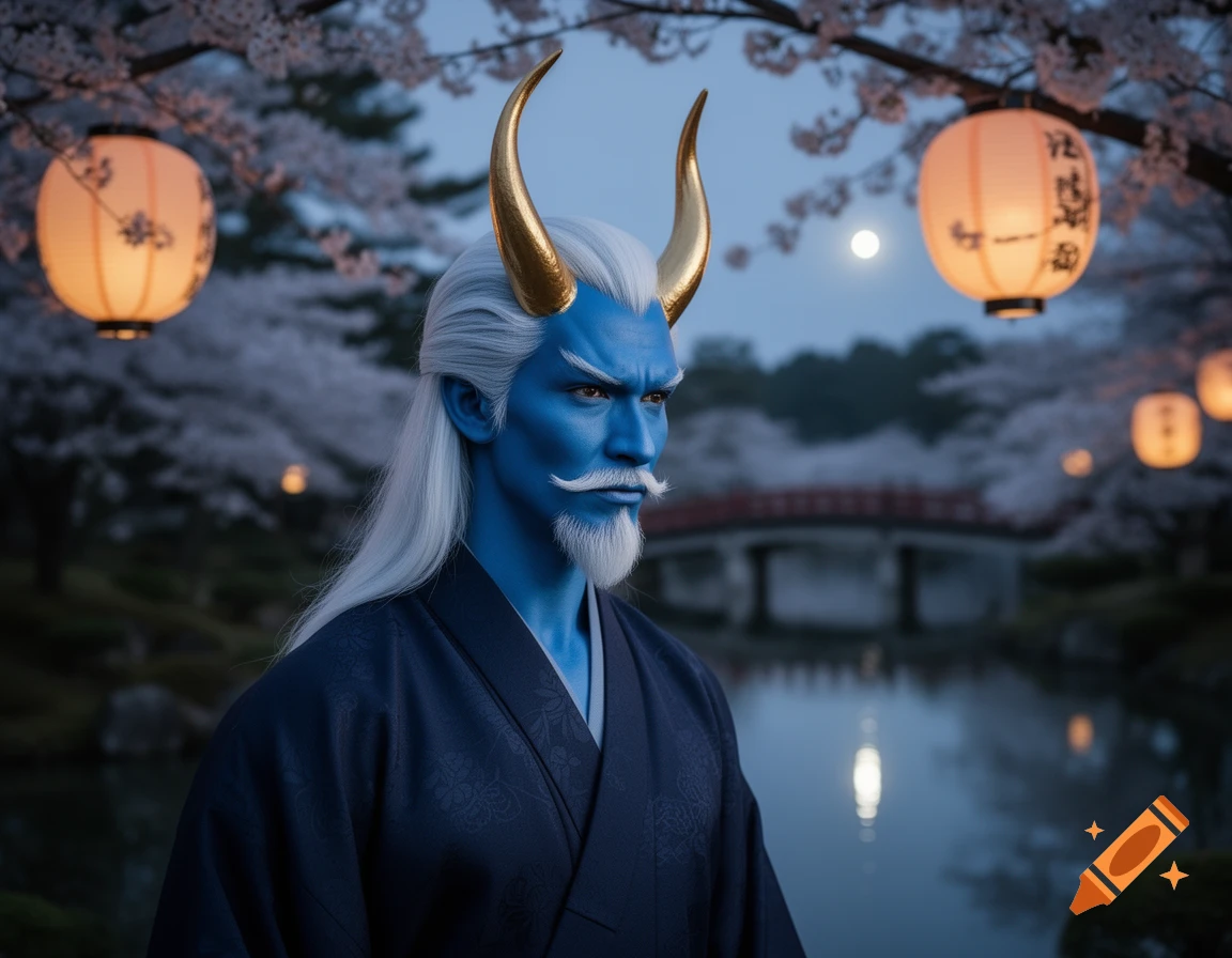 A blue-skinned yokai with gold horns, white hair, and a white mustache and beard wears a dark indigo kimono in a cherry blossom garden with lanterns at dusk.