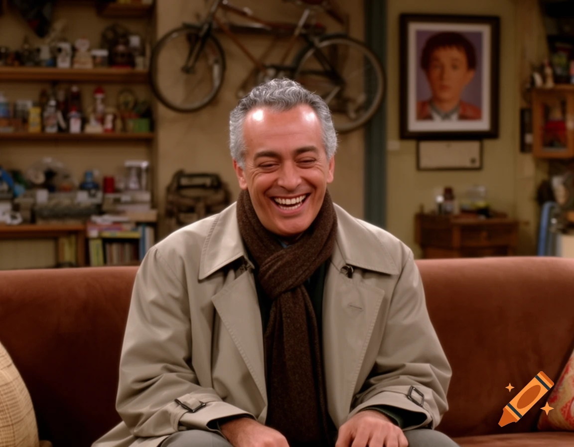 A middle-aged man with graying hair, wearing a trench coat and a brown scarf, laughs heartily while sitting on a brown couch in a cluttered living room.
