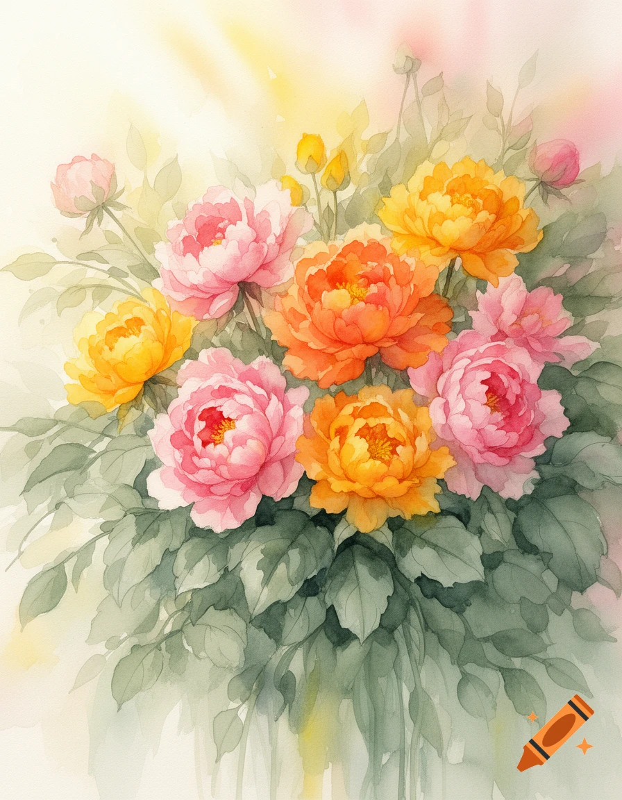 Vibrant watercolor painting of a bouquet featuring pink, orange, and yellow flowers with green leaves, in a soft art style.