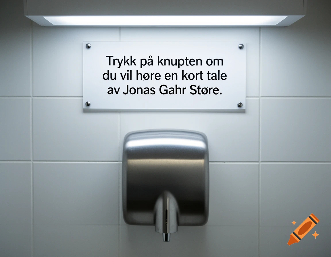 A stainless steel hand dryer is mounted on a white tiled restroom wall with a sign above it, reading Norwegian text.