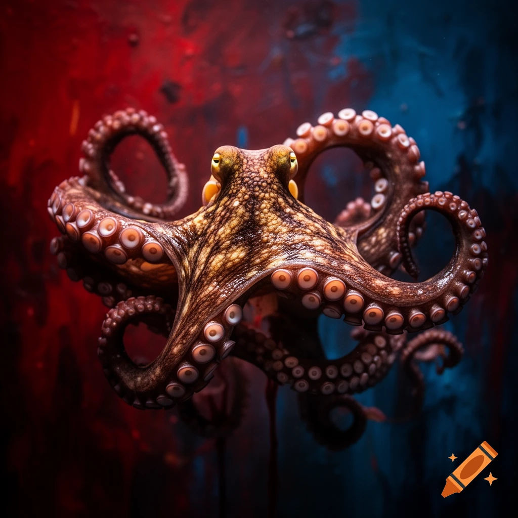 Detailed photorealistic octopus with brown and yellow markings, against a dramatic red and blue abstract background.