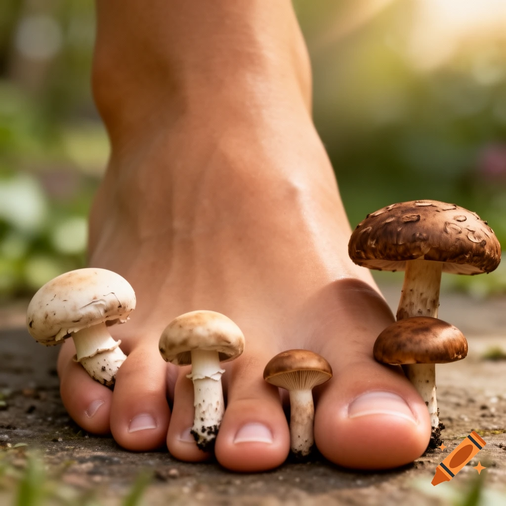 Close-up of a human foot with several small mushrooms growing out of and between its toes, in a natural, outdoor setting.