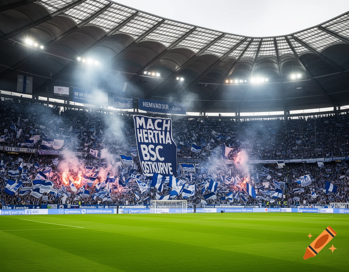 A packed football stadium with fans waving flags and holding a large banner that reads 'MACH HERTHA BSC OSTKURVE' while flares burn.