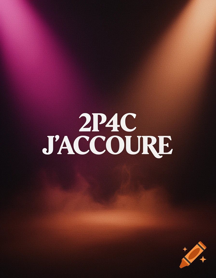 A dark poster with white text "2P4C J'ACCOURE" illuminated by magenta and orange stage lights, with a smoky foreground.