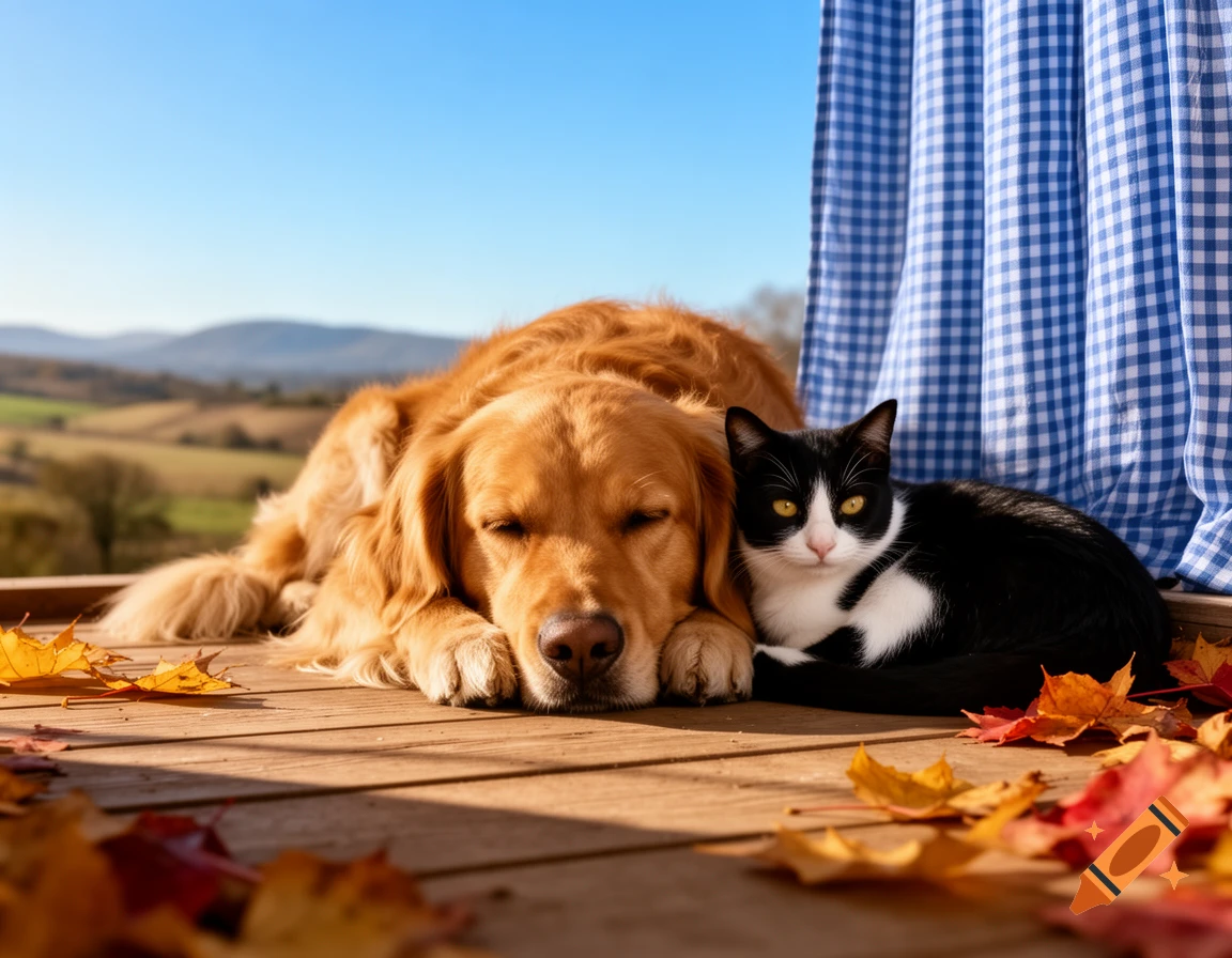 A golden retriever and a black and white cat rest on a wooden porch adorned with autumn leaves, with a scenic rural background.