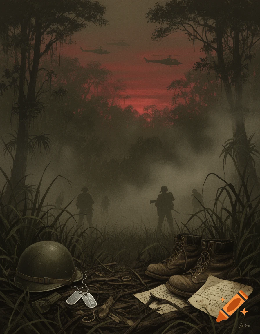 Painterly image of soldiers silhouetted in a misty Vietnam jungle under a red sky, with a helmet, boots, dog tags, and letters in the foreground.