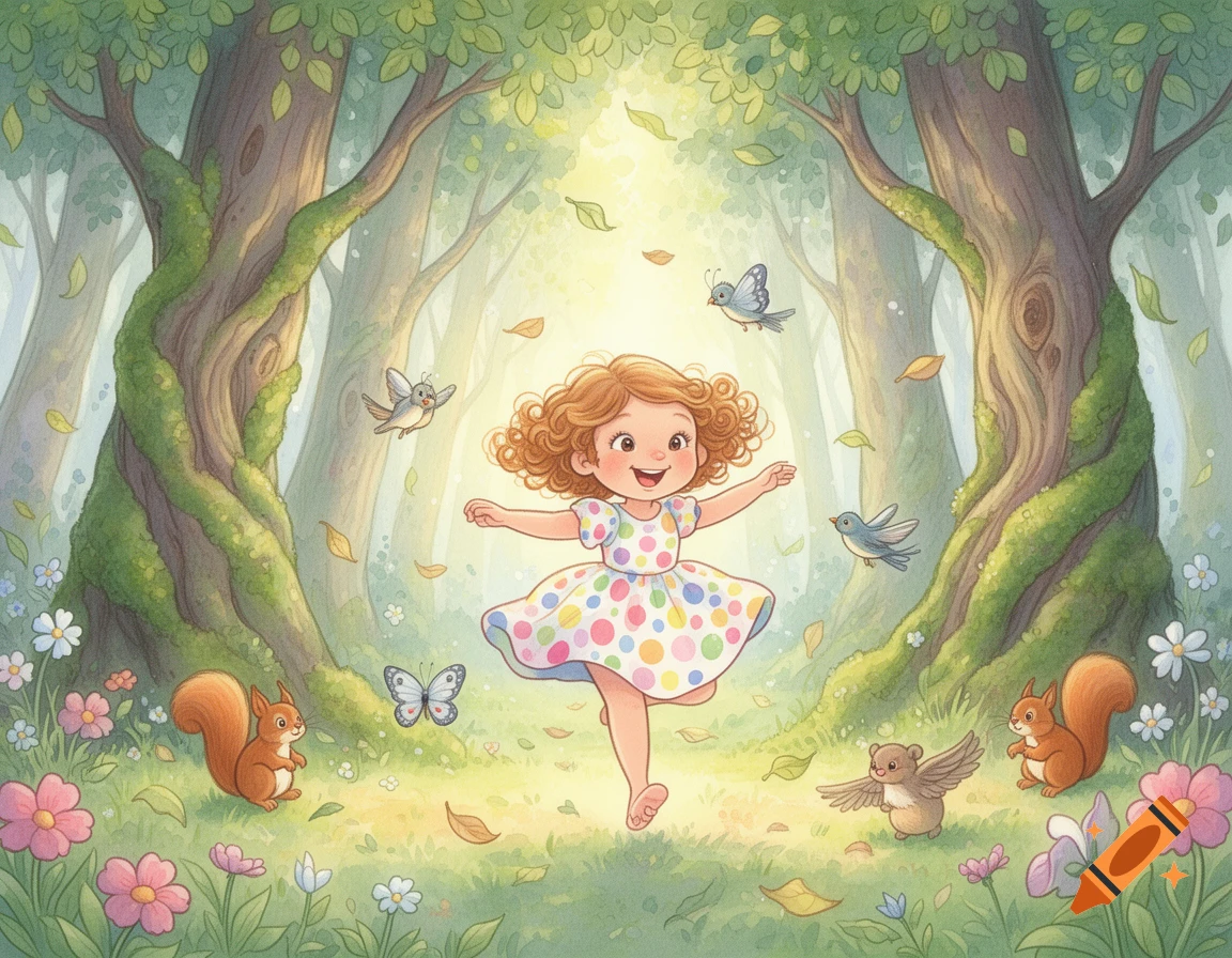 A happy cartoon girl in a polka-dot dress dances in a sunlit forest with animals and falling leaves, in a whimsical watercolor style.