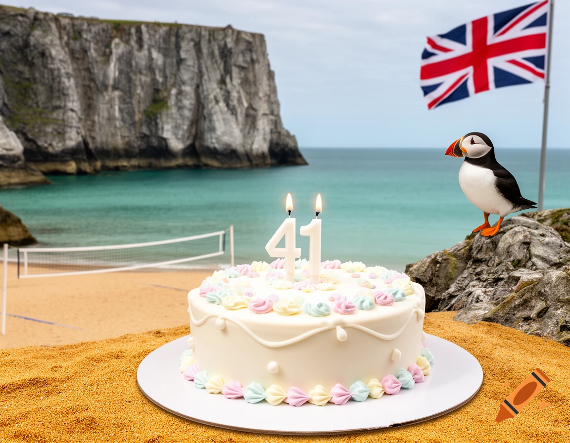 Birthday cake with '41' candles on a sandy beach. A puffin sits on rocks, with a Union Jack flag and cliffs in the background.