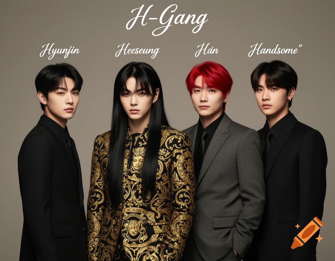 Four young men, labeled "H-Gang," pose in suits against a gray background. One wears a gold and black patterned suit, another has red hair.
