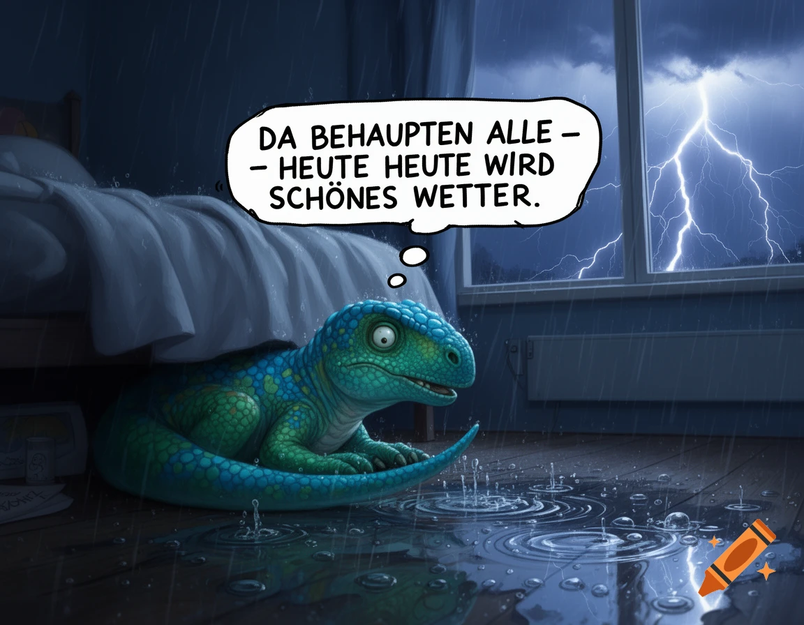 A cartoon dinosaur hides under a bed during a thunderstorm, with lightning visible outside and rain puddling on the floor.
