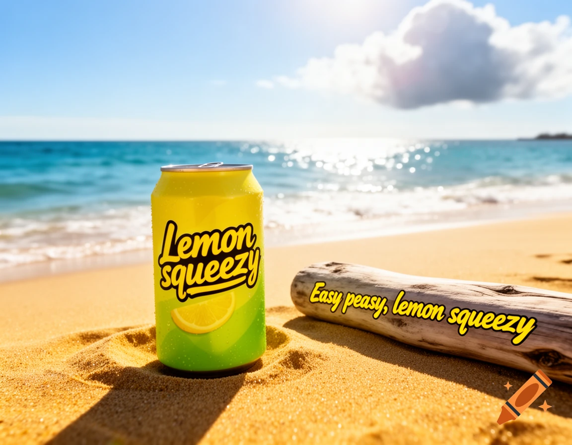 A yellow and green 'Lemon squeezy' soda can sits on a sandy beach, with the ocean and a bright sky in the background. A piece of driftwood with 'Easy peasy, lemon squeezy' text is next to the can.