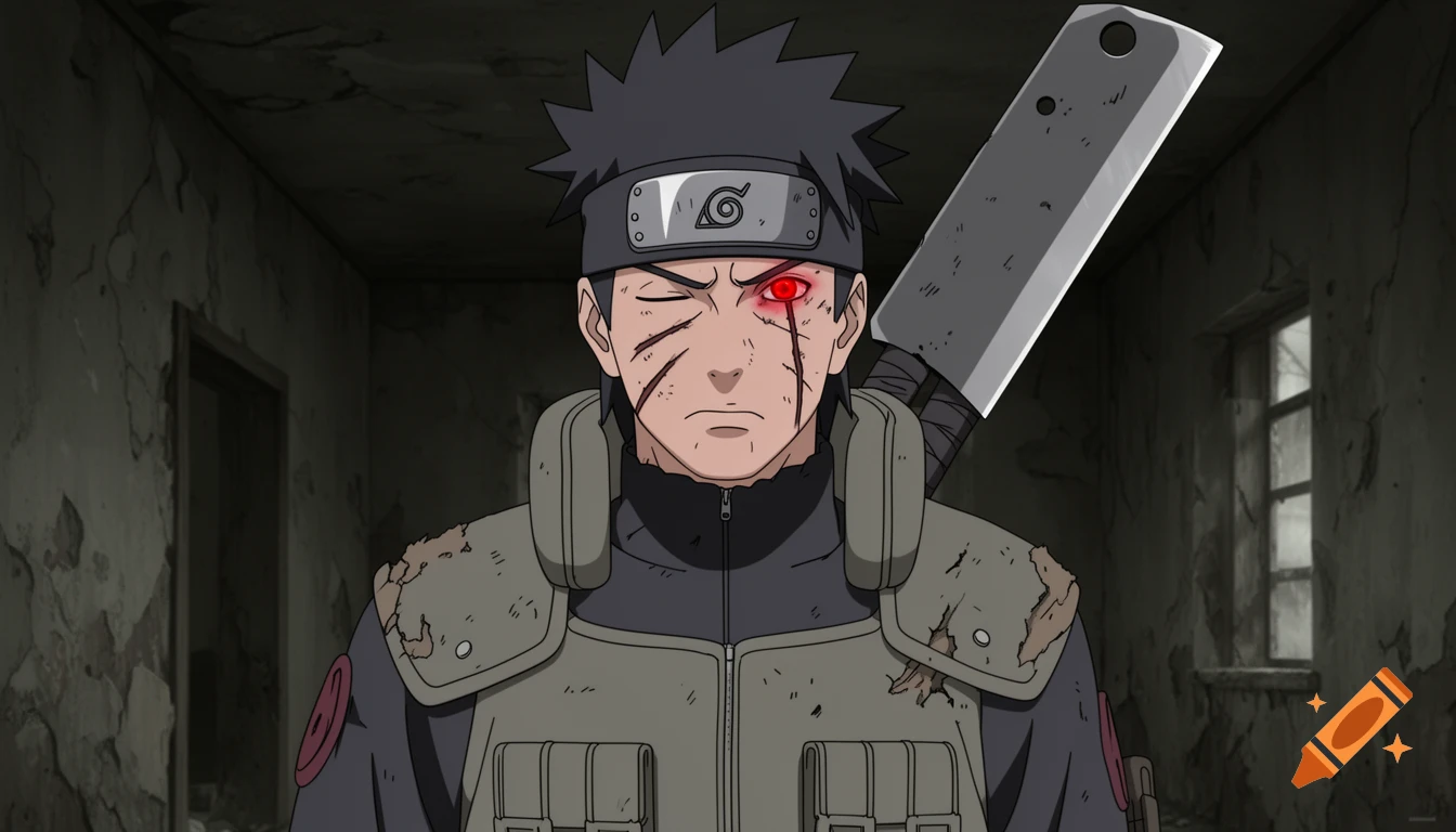 Anime portrait of a battle-worn ninja with scars, a glowing red eye, and a large sword on his back, standing in a ruined building.