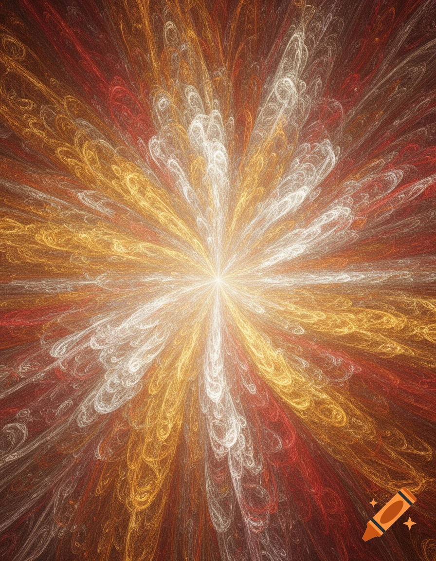 Abstract fractal with a central lightburst radiating intricate swirling patterns in gold, white, and red-orange hues.