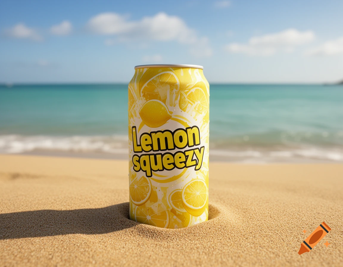 Photorealistic image of a 'Lemon squeezy' soda can half-buried in beach sand, with the ocean and sky in the background.