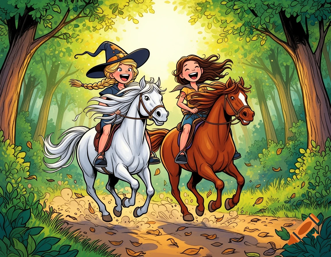 Two laughing cartoon girls, one in a witch hat on a white horse and one with brown hair on a brown horse, ride through a sunlit forest.