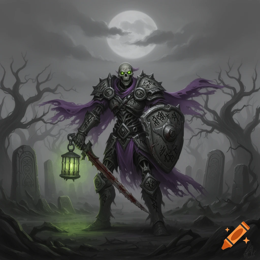 A skeletal warrior in dark armor with glowing green eyes holds a lantern and bloody sword in a foggy graveyard at night.