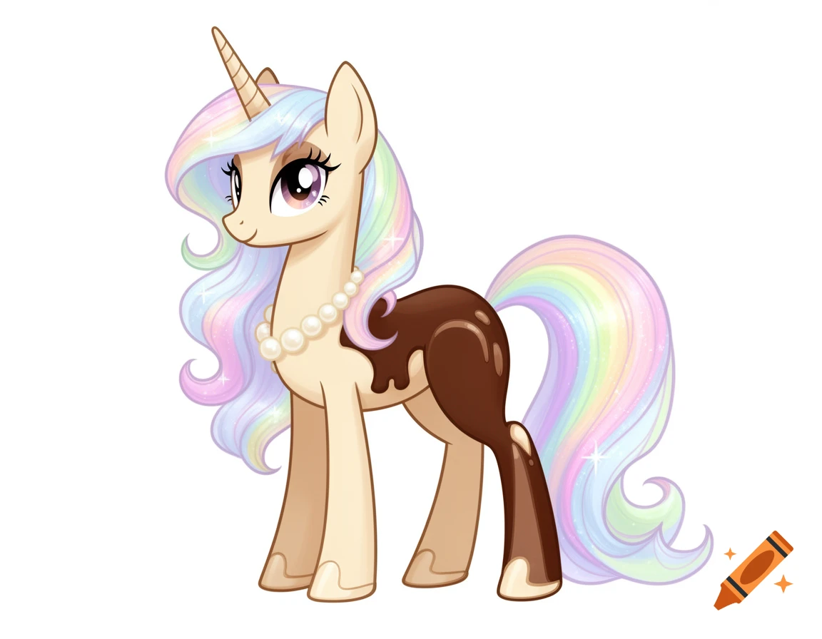 A cream-colored My Little Pony unicorn with pastel rainbow hair, a pearl necklace, and chocolate-drizzled lower legs and flank.