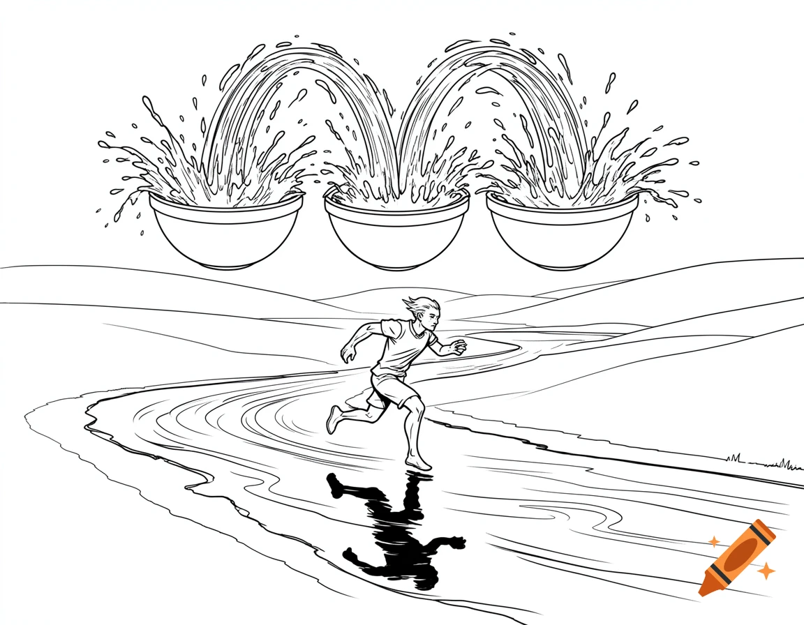 Black and white line drawing of a man running barefoot along a winding river in a hilly landscape, with water splashing from three bowls above.
