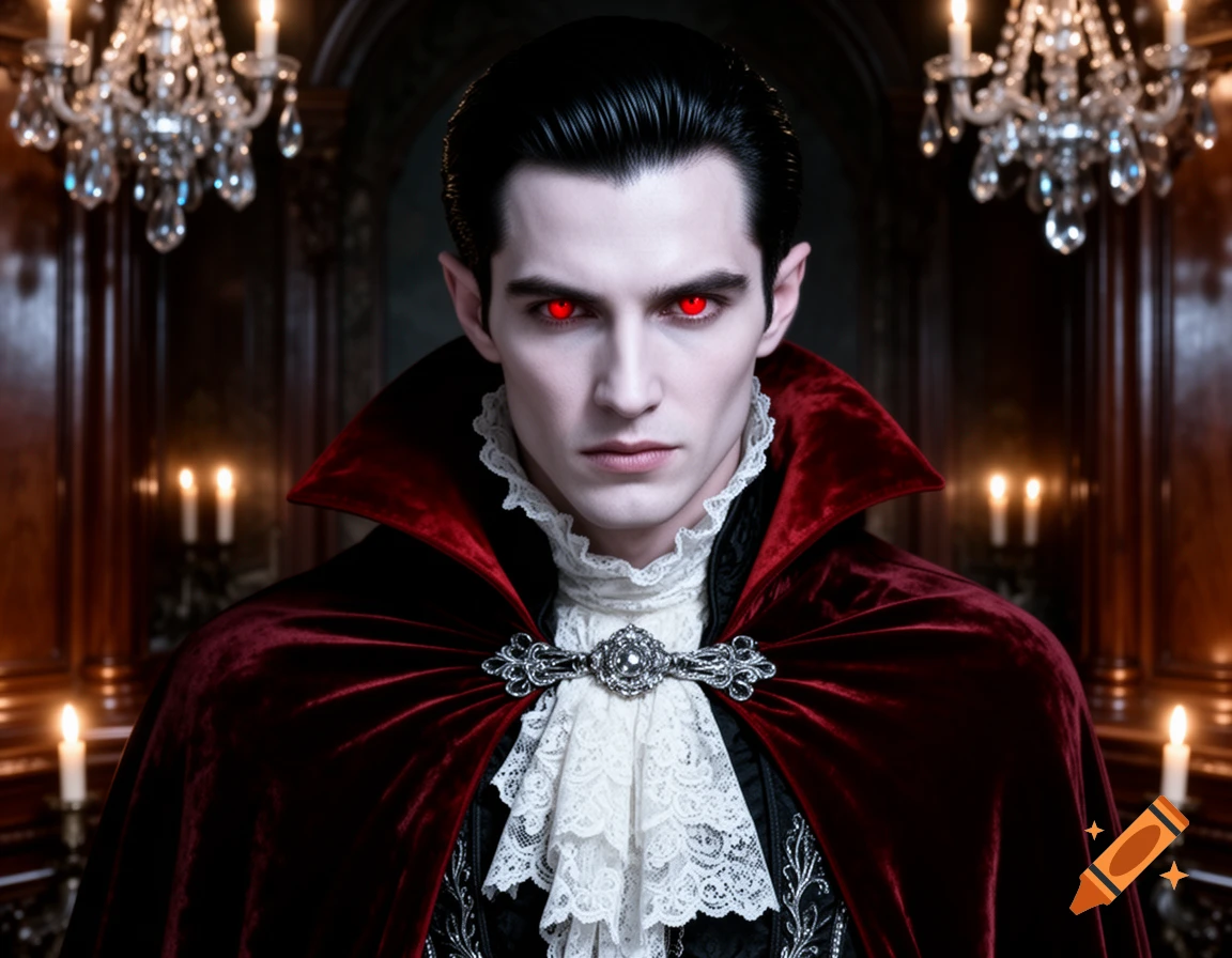 Photorealistic portrait of a pale male vampire with glowing red eyes, wearing a red velvet cape in an opulent gothic setting.