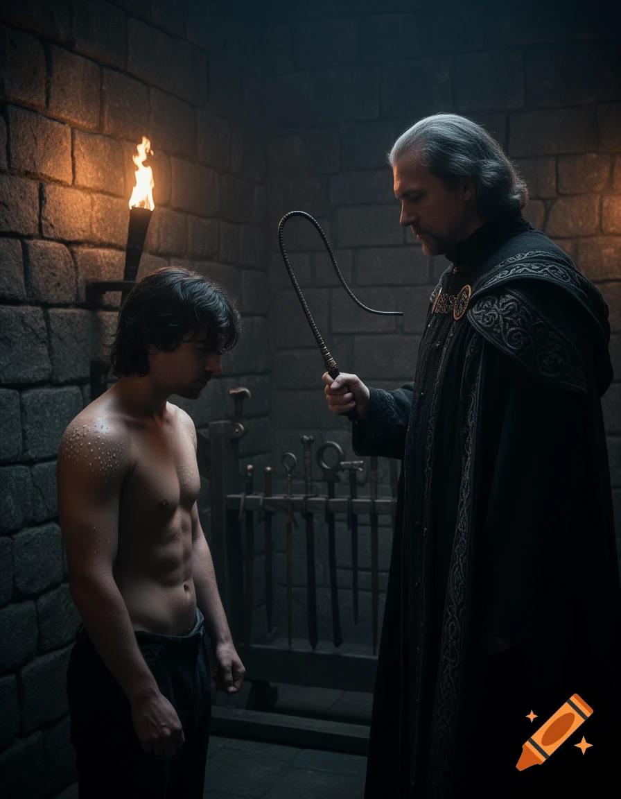 An older man in a dark, ornate robe holds a whip over a shirtless, muscular young man with droplets on his skin in a dim, torchlit stone dungeon.