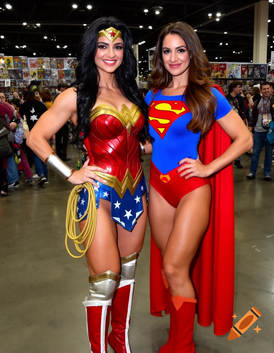 Two women cosplaying as Wonder Woman and Superman pose at a comic convention, with comic book art visible in the background.