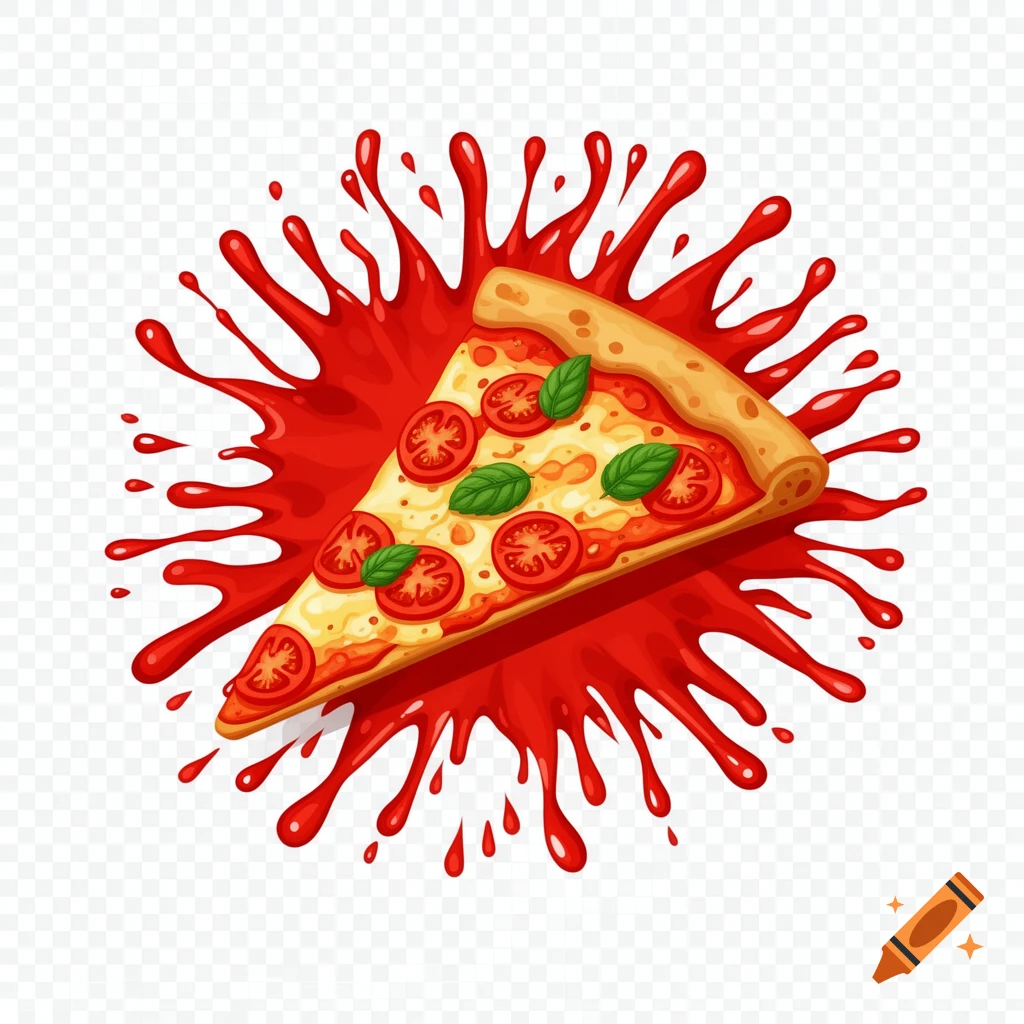 A modern vector illustration of a Margherita pizza slice with vibrant red tomato sauce splashing behind it on a transparent background.