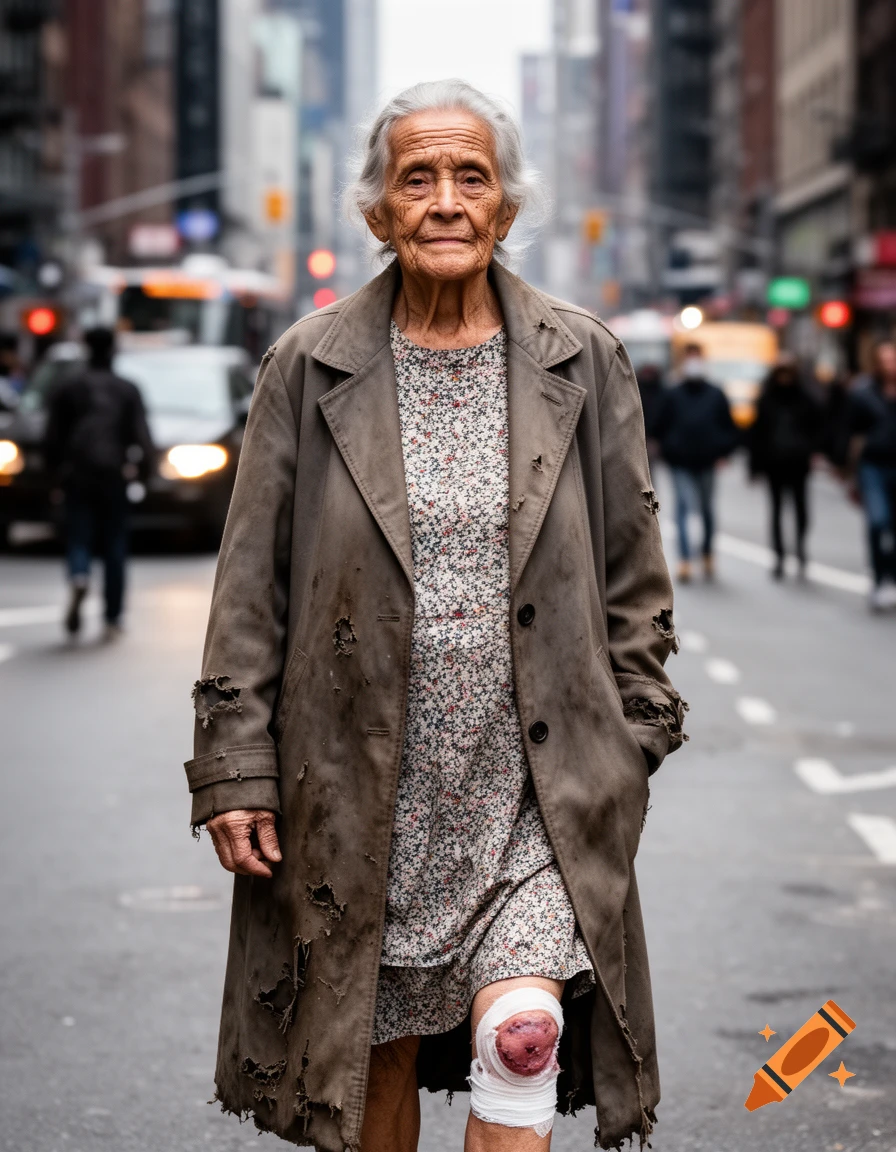 Photorealistic portrait of an elderly woman with grey hair, wearing a dirty, ripped coat and dress, with a bandaged wound on her knee, standing on a blurred city street.