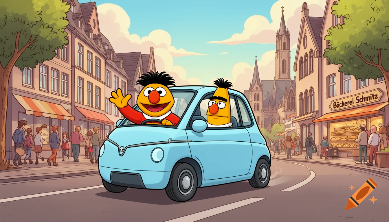 Bert and Ernie ride in a light blue car through a sunny cartoon city street, Ernie waves while driving.