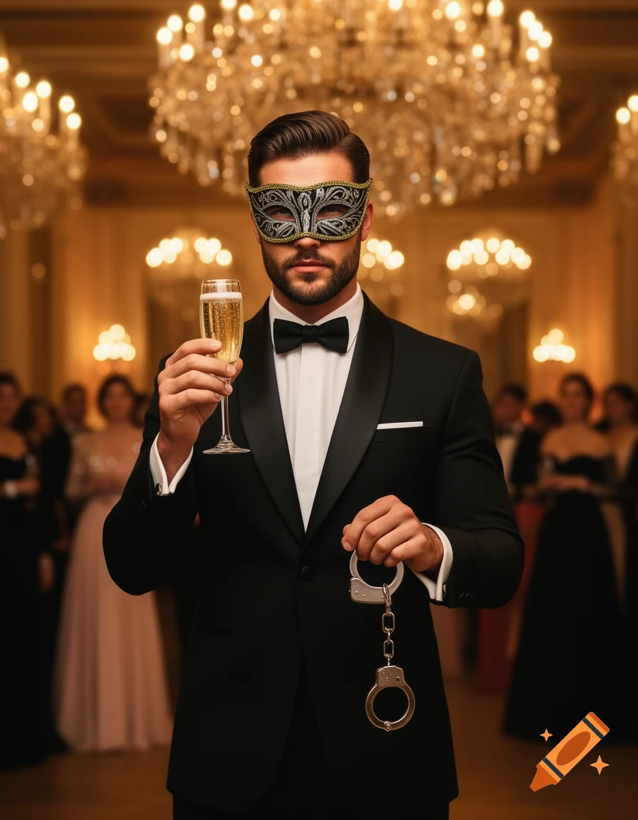 A man in a black tuxedo and a masquerade mask holds a glass of champagne and handcuffs at a formal event.
