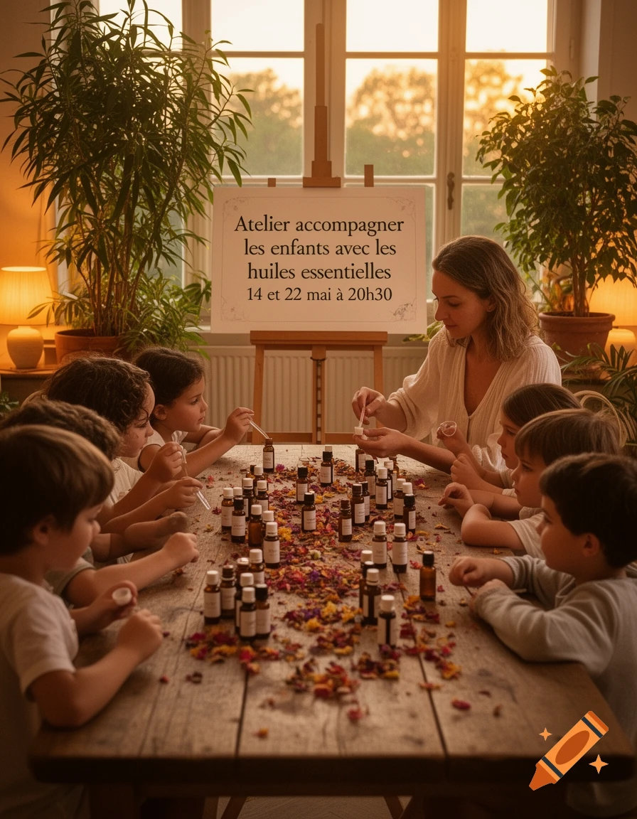 A woman leads a group of children in an essential oil workshop, gathered around a table filled with bottles and flower petals.