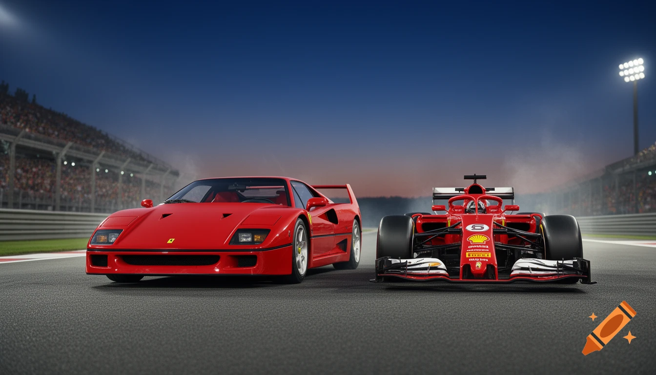 A red Ferrari F40 sports car and a red Ferrari Formula 1 race car are parked side-by-side on a racetrack under stadium lights at dusk.