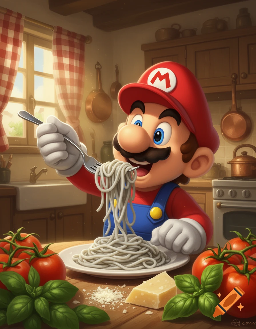 Mario in a kitchen, happily eating a plate of plain white spaghetti with a fork. Fresh tomatoes, basil, and parmesan cheese are on the wooden counter.