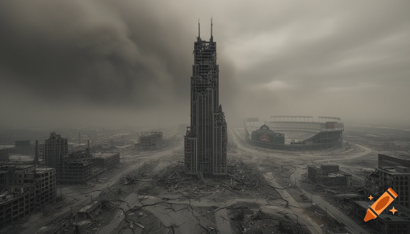 A dark, ash-filled sky looms over a post-apocalyptic city with a dilapidated skyscraper in the center and a ruined stadium in the background.