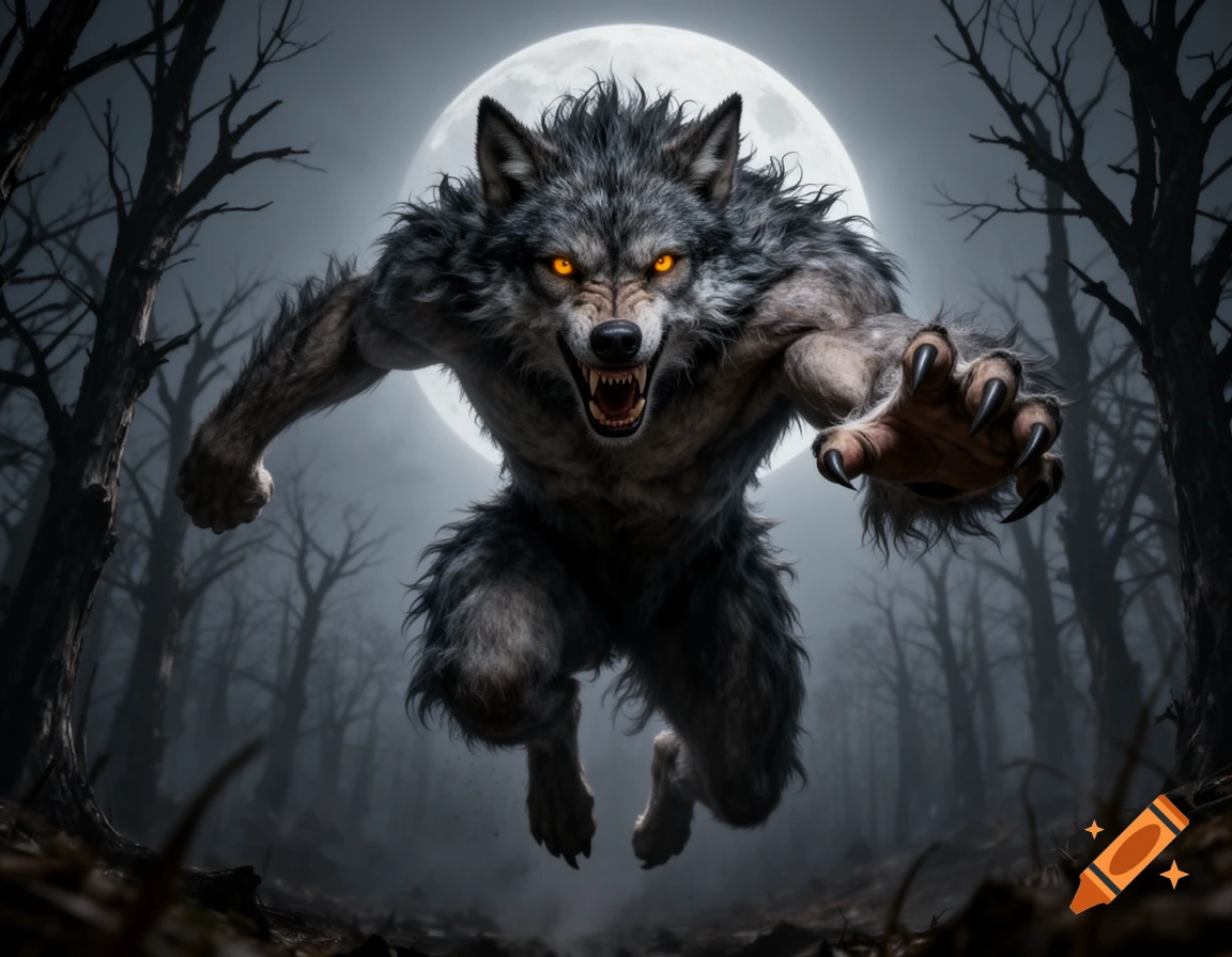 A fearsome werewolf with glowing orange eyes lunges forward in a dark, misty forest under a bright full moon.