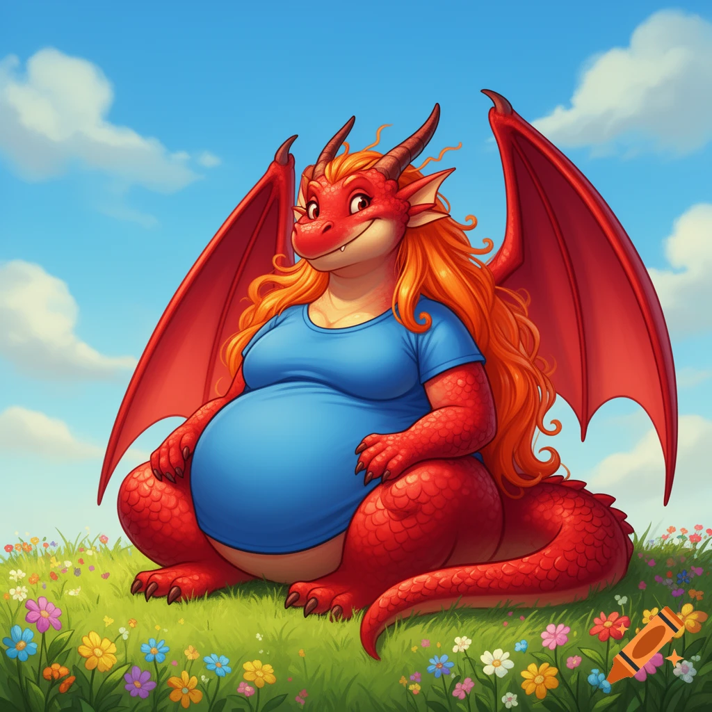 A cartoon red female dragon with long orange hair and red wings, wearing a blue t-shirt, sits on green grass with colorful flowers under a blue sky.