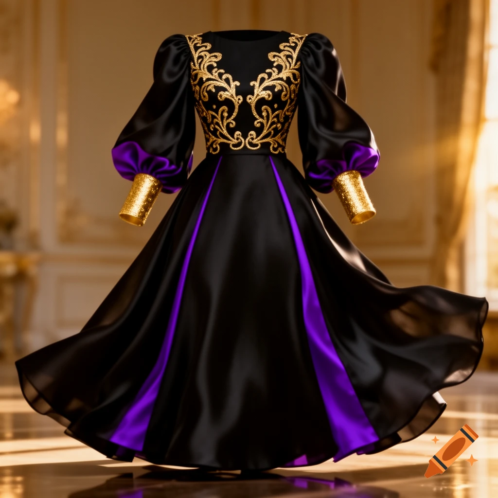 A stunning black gown with flowing purple accents, gold embroidery on the bodice, and gold-cuffed puffy sleeves in a regal room.