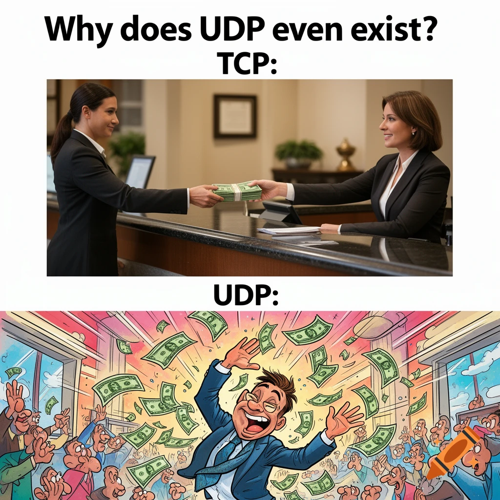Meme: 'Why does UDP even exist?' Top: two women exchanging money at counter (TCP). Bottom: cartoon man throwing money (UDP).
