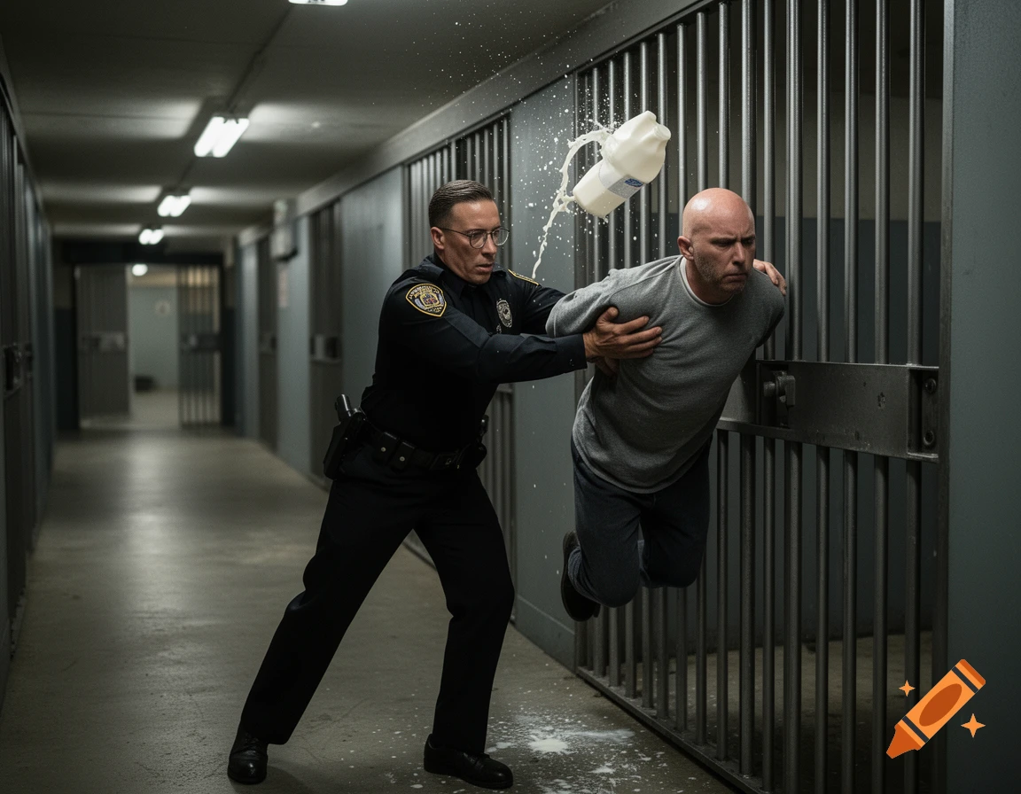 A corrections officer with glasses pushes a bald inmate into a cell while the inmate throws milk at him in a prison hallway.