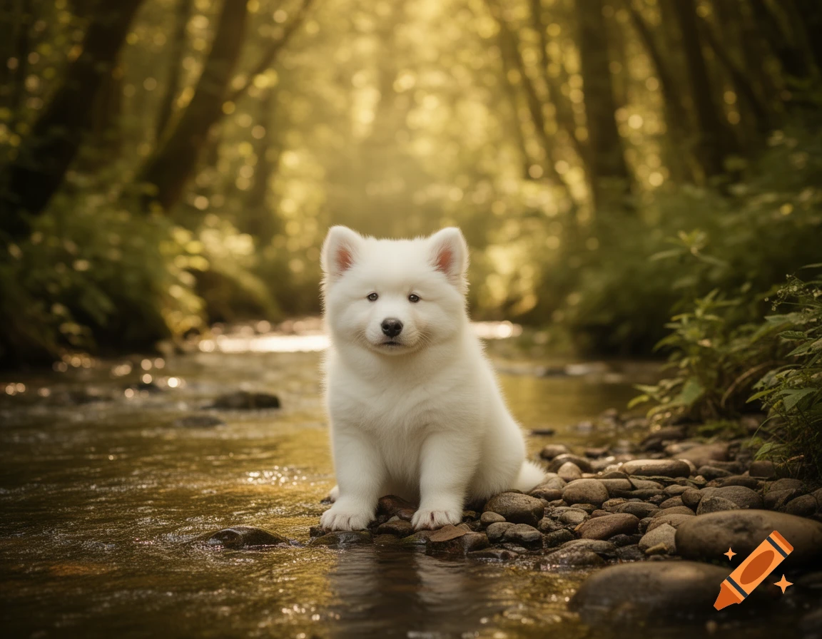 A fluffy white puppy sits by a rocky stream in a sunlit forest, looking directly at the viewer.