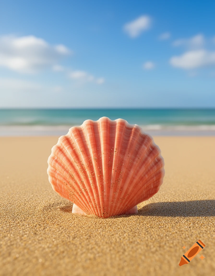 A pink scallop shell partially buried in golden sand on a sunny beach, with a calm blue ocean and sky in the background.