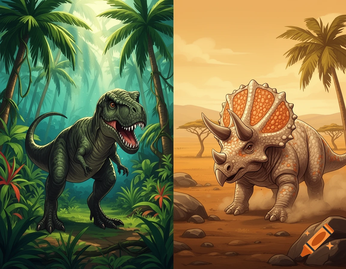 Two stylized dinosaur illustrations: a green T-Rex in a lush jungle and a beige Triceratops in a sunny savanna.
