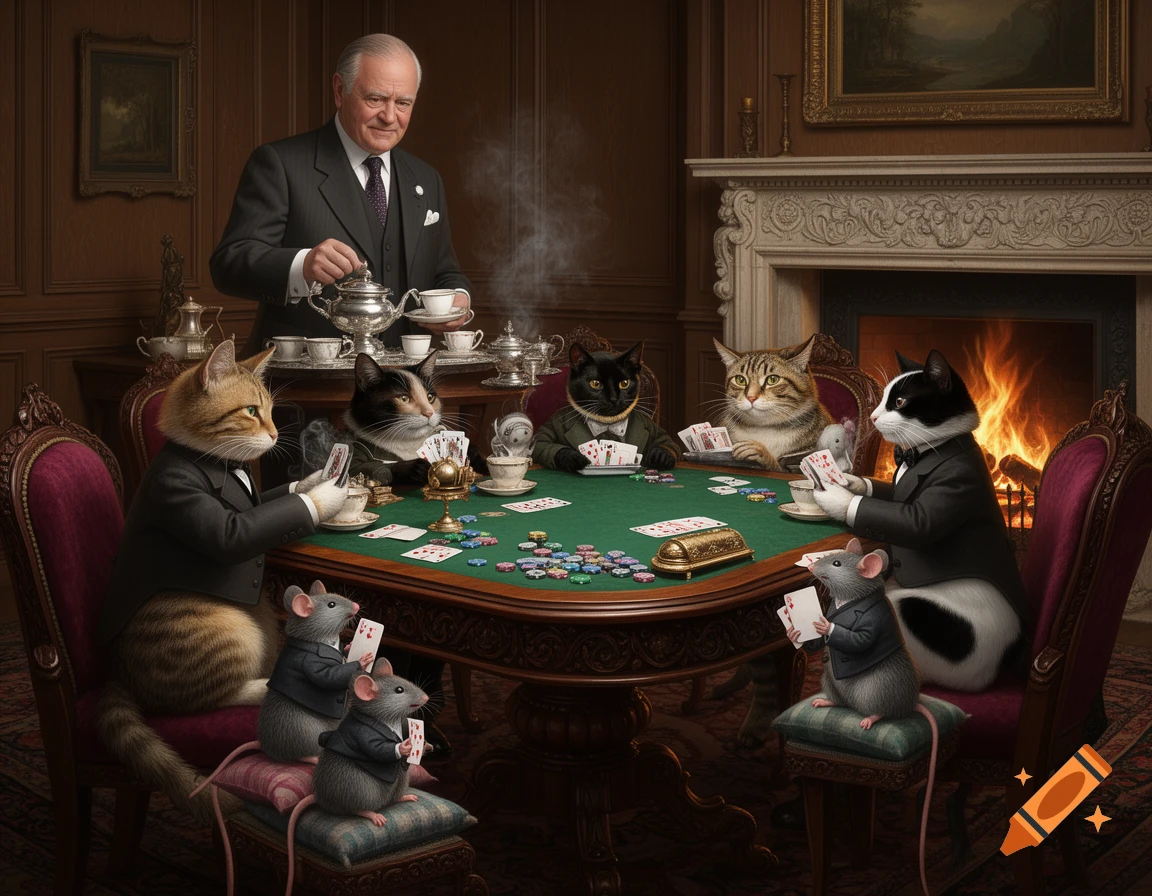 Photorealistic image of anthropomorphic cats and mice playing poker in a grand room, while an older man serves tea.