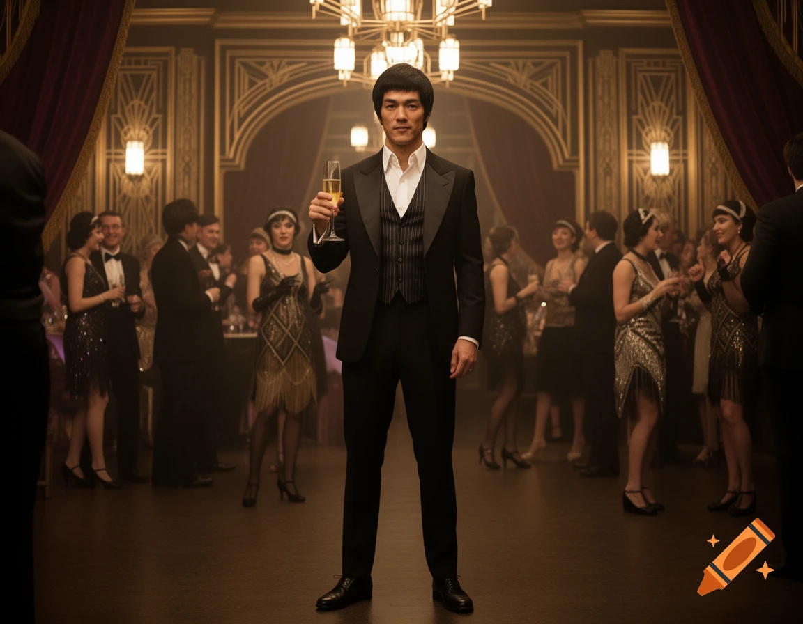 A man in a tuxedo holding a champagne glass stands confidently in an opulent 1920s-style ballroom with partygoers.