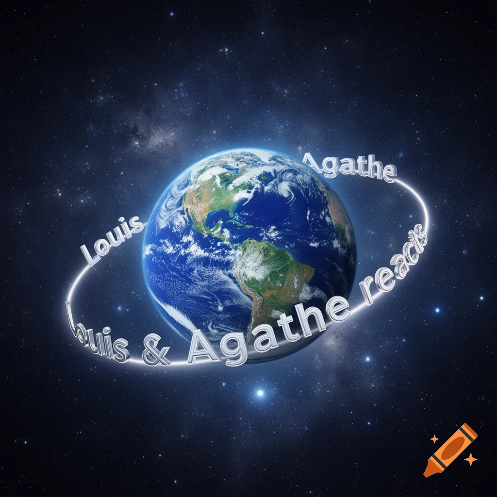 Planet Earth centered in starry space with the names 'Louis & Agathe reacts', 'Louis', and 'Agathe' written as a glowing ring around it.